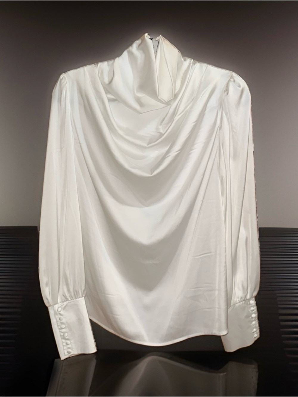 fab'rik Ivory Draped High-Neck Blouse with Button Cuffs-M-EC